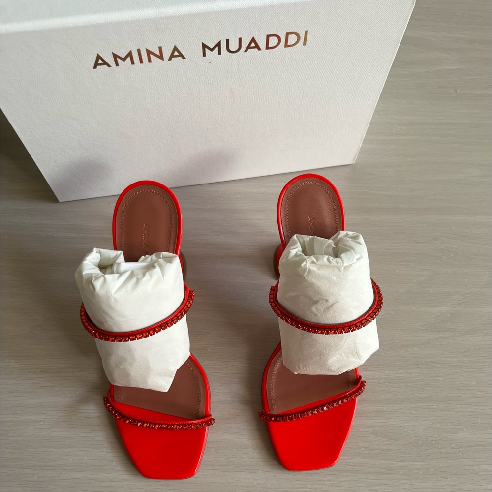 Amina Muaddi Gilda Slipper in Patent Red